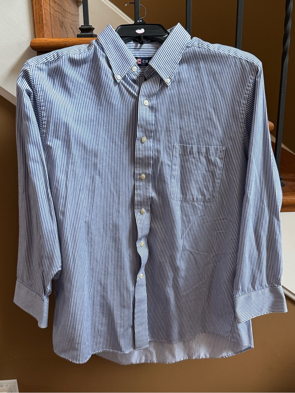 Chaps Blue and White Narrow-Stripe Button-Down Dress Shirt